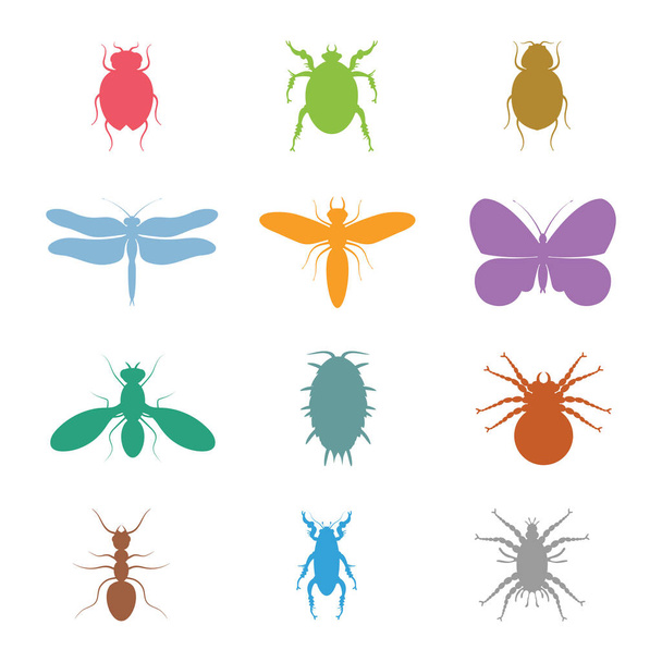 Colorful vector insects collection. Biology, of course, isolated on white background. Vector icons. Flying and crawling insects micro view vector. Bugs silhouette. - Вектор, зображення