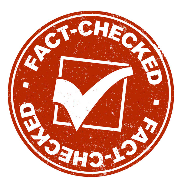 grungy czerwona okrągła etykieta FACT-CHECKED lub stempel gumowy ze znakiem kontrolnym - Wektor, obraz