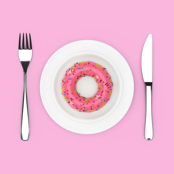 Πιρούνι και μαχαίρι κοντά στο πιάτο με Big Strawberry Pink Glazed Donut, Κάτοψη σε ροζ φόντο. 3d απόδοση - Φωτογραφία, εικόνα