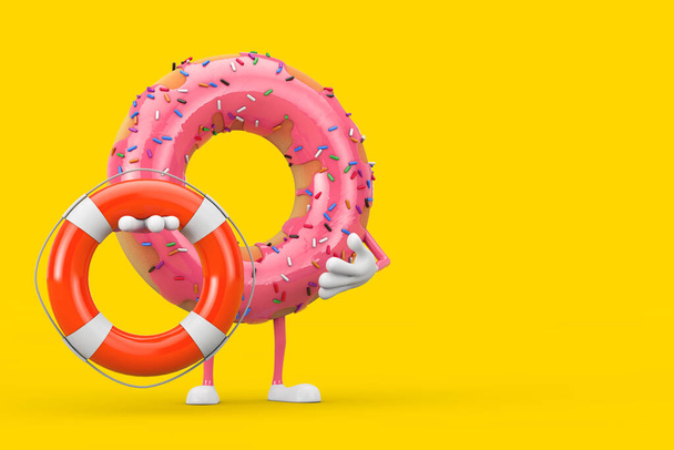 Mascotte de Caractère Donut Vitré Rose Fraise avec Bouée de Vie sur fond jaune. Rendu 3d - Photo, image