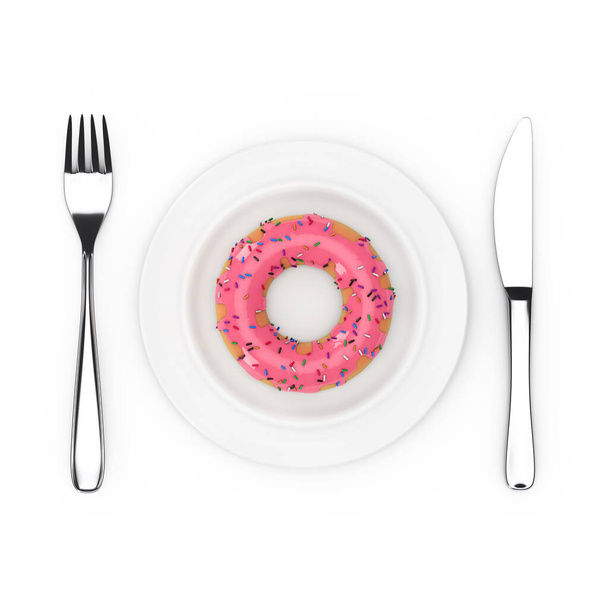Tenedor y cuchillo cerca de la placa con Big Strawberry Pink esmaltado Donut, Vista superior sobre un fondo blanco. Renderizado 3d - Foto, imagen