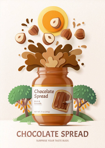 3d illustration Chocolate spread ads with splashing sauce from the bottle and trees elements in paper art style, white background - Вектор,изображение