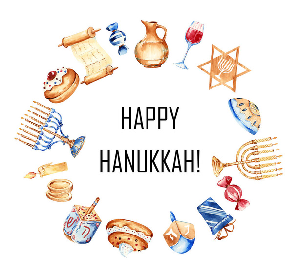 Festa ebraica Hanukkah banner design con menora, panetteria, stella ebrea. Modello di biglietto di auguri tradizionale Hanukkah ebraico.  - Foto, immagini