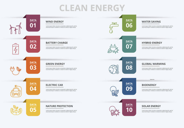 Modello di infografica Vector Clean Energy. Includere energia verde, auto elettriche, protezione della natura, risparmio idrico e altri. Icone in diversi colori. - Vettoriali, immagini