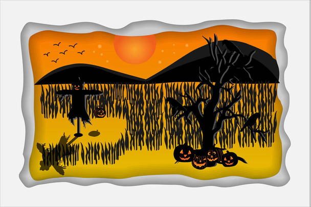 haloween kohtaus suneset musta ja oranssi väri noin puu, ruoho, scrarecrow, varis ja kurpitsat. - Vektori, kuva