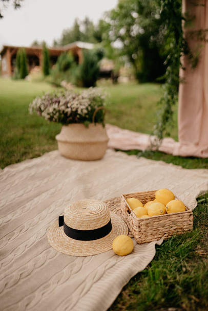 plaid and wicker basket with lemons and wicker hat on grass - Fotografie, Obrázek