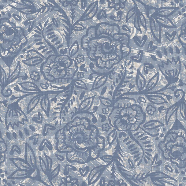 シームレスなフランスの農家リネン印刷花のダマスクの背景。プロバンスブルーグレーのリネンパターンテクスチャ。みすぼらしいシックなスタイルの織りブラーの背景。織物｜print - 写真・画像