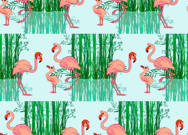Yeşil bambuların arka planında pembe flamingolu kusursuz desen - Vektör, Görsel
