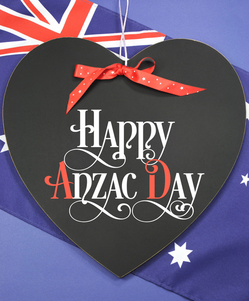 Happy Anzac Day, April 25, national public holiday celebration for returned soldiers, greeting on heart shaped blackboard - Photo, Image