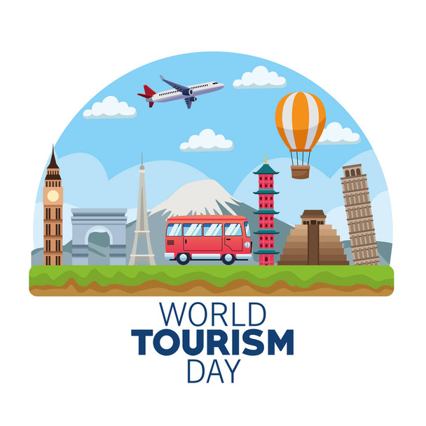 празднование Всемирного дня туризма с фургоном и памятниками - Вектор,изображение