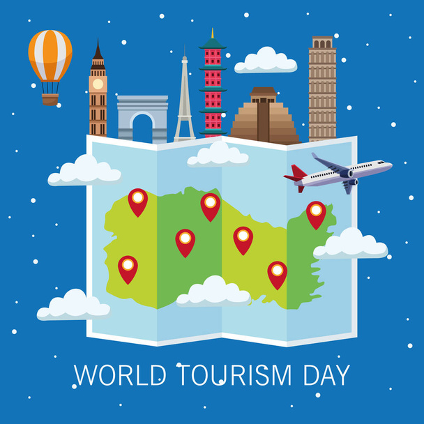 празднование Всемирного дня туризма с бумажной картой и памятниками - Вектор,изображение