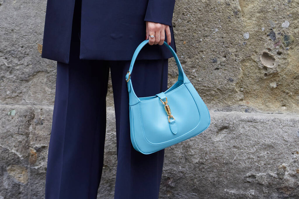 MILAN, ITALY - SEPTEMBER 24, 2020: Woman with blue leather Gucci bag before Max Mara fashion show, Milan Fashion Week street style - Fotografie, Obrázek