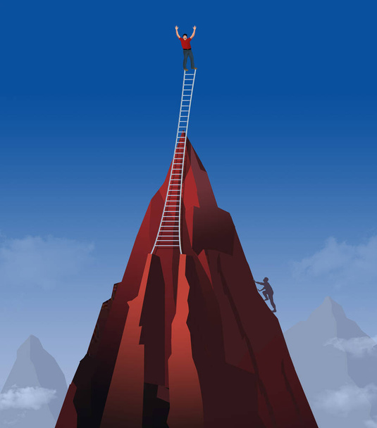 Člověk vyleze na vrchol hory v tomto 3D obrazu a pak jde ještě výš po žebříku. Ilustruje nad úspěchy, kteří předčí očekávání. - Fotografie, Obrázek