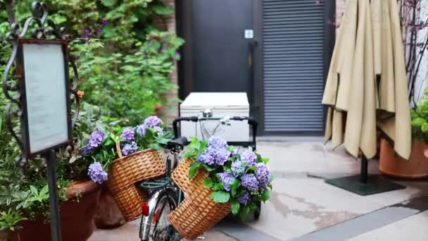 Vrachtfiets met twee manden met paarse bloemen omgeven door bloemen en planten - Video