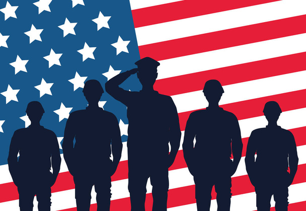 с Днем ветеранов праздник с военным офицером и солдатами салютуя в США флаг фоне - Вектор,изображение