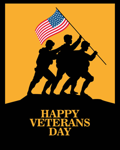 fröhliche Veteranentagsfeier mit Soldaten, die eine US-Flagge in der Pole-Silhouette hissen - Vektor, Bild