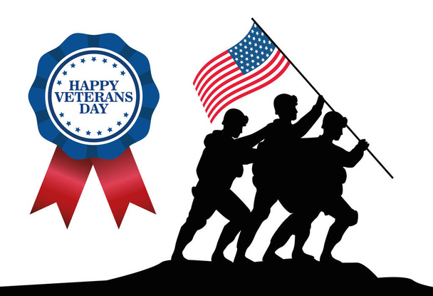 festeggiamenti per il giorno dei veterani felici con soldati che alzano bandiera USA in pole e medaglia - Vettoriali, immagini