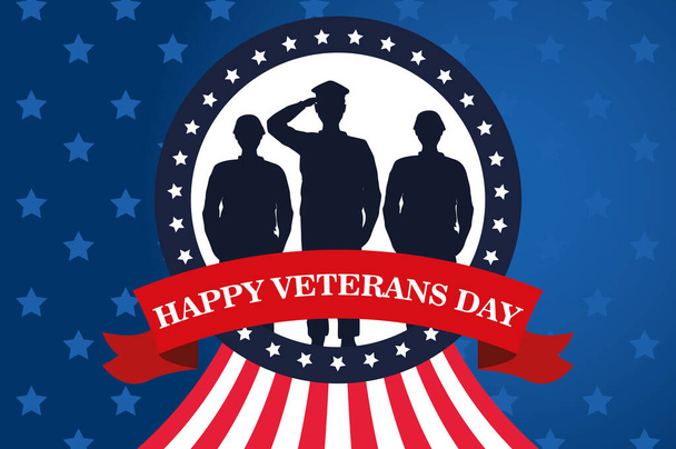 happy veterans day celebration with military officer and soldiers saluting in circular frame - Vector, Image