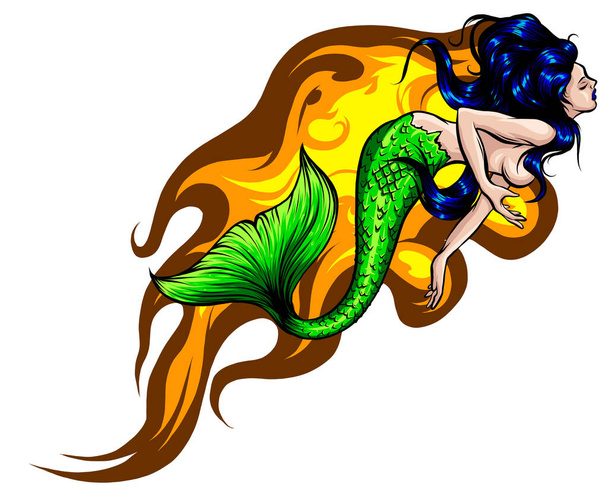 Portrait of a mermaid with streaming hair, hand drawn vector illustration - Vettoriali, immagini