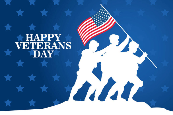 celebração dia veteranos felizes com soldados levantando bandeira EUA no pólo - Vetor, Imagem