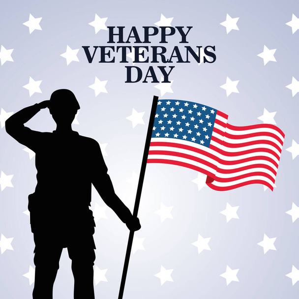 happy veterans day celebration with soldier saluting lifting usa flag - Vector, Image