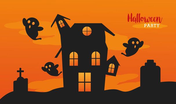 fröhliche Halloween-Feier mit Häuserspukern und Geistern - Vektor, Bild