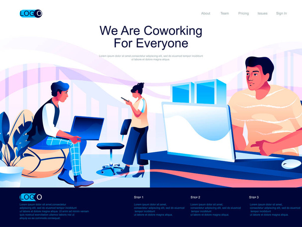 We are Coworking for everyone isometric landing page. Workspace for teamwork isometry website page. Developers team working in coworking space web concept, vector illustration with people characters. - Vector, Image