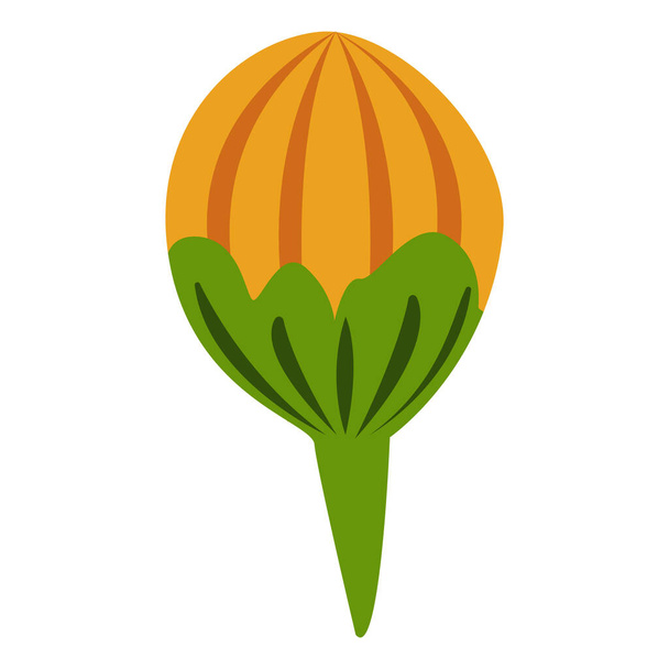 Hand drawn autumn orange flower bud with green stem. Graphic floral element. Doodle cartoon style. Botanical sketch. Nature and ecology. For templates, postcards, scrapbooking, prints and patterns - Vector, Image