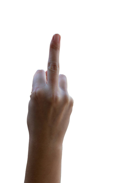 jonge vrouwelijke hand met middelvinger wijzen beledigen of tonen woede, geïsoleerd op een witte achtergrond - Foto, afbeelding