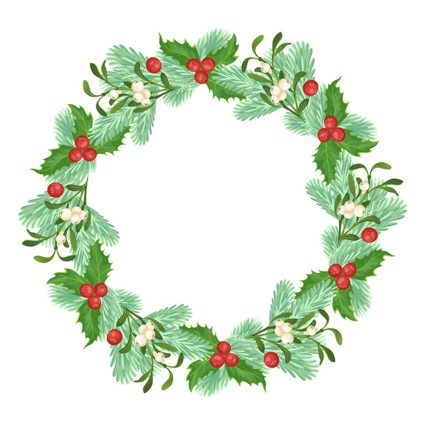 Christmas wreath made of branches of spruce, mistletoe and holly berry. - Vector, Image