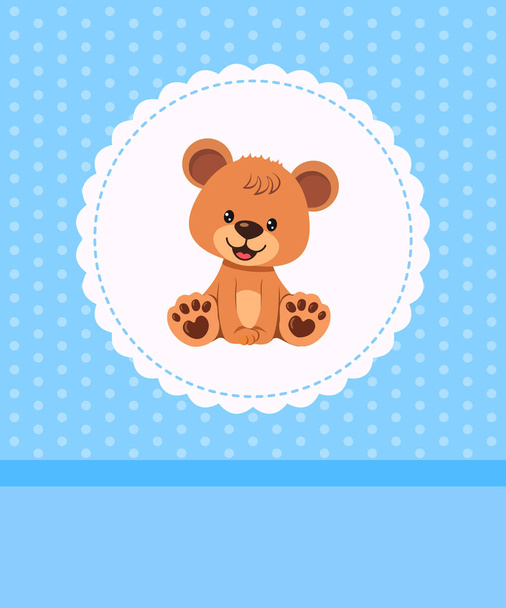 Invitation, greeting card with teddy bear boy with frame, ribbon and pattern. Place for your text. Vector illustration - ベクター画像