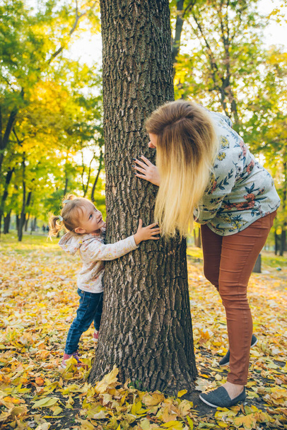μητέρα με την κόρη τιτιβίζει από το δέντρο φθινόπωρο δημόσιο πάρκο - Φωτογραφία, εικόνα