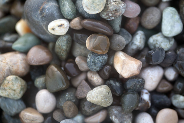 Piedras de mar brillantes húmedas cerca de fondo en colores naturales - Foto, Imagen