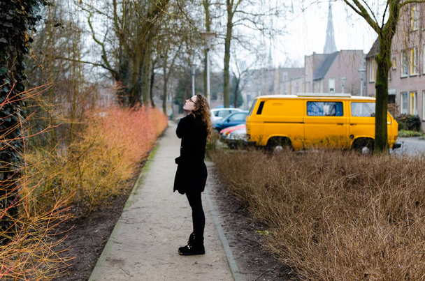 Valokuva espanjalainen blondi tyttö pukeutunut musta kävely läpi talven kaduilla hollantilainen kaupunki muuttuu kasvillisuus keltainen, oranssi, vihreä ja ruskea. - Valokuva, kuva
