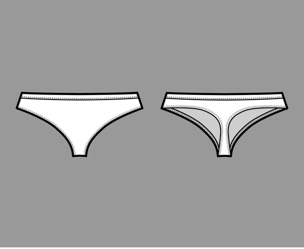 Tangas descaradas ilustración técnica de moda con baja altura, cintura elástica, cobertura de caderas pequeñas. Mini lencería plana  - Vector, imagen