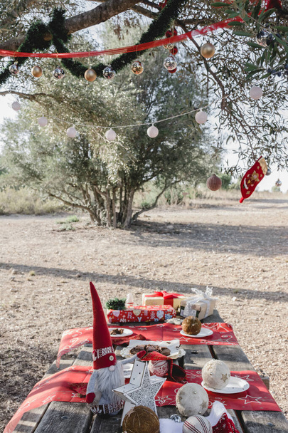 Christmas decorations on a picnic table under a decorated olive tree, in the countryside after a family snack - Photo, Image