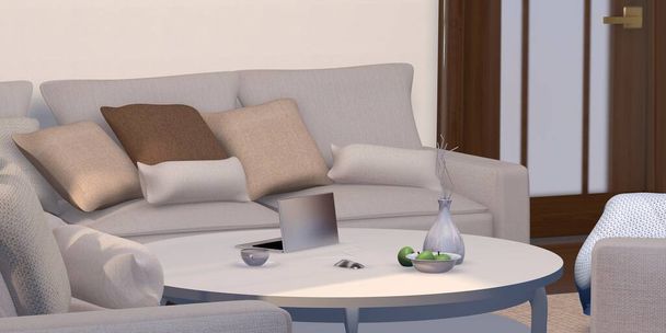 3d ilustración salón interior con silla mesa sofá almohadas ventana portátil manzana y maceta planta  - Foto, imagen