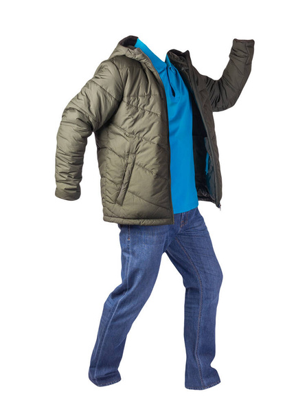 green jacket with zipper,blue shirt and blue jeans isolated on white background. casual fashion clothes - 写真・画像