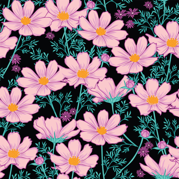 Floral seamless pattern with cosmos flower. purple flowers on black background design. - Vector, Image