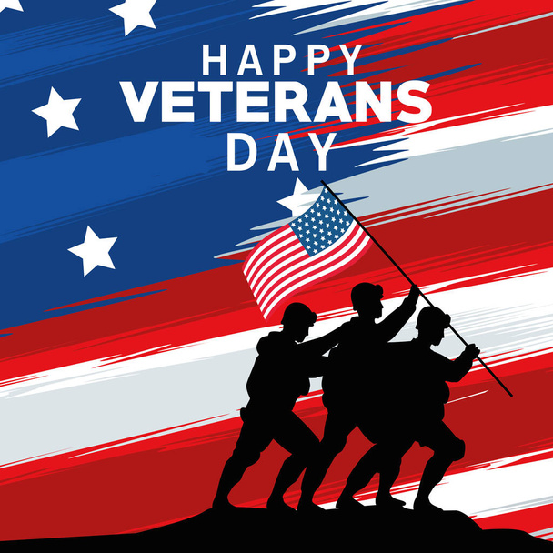 celebração dia veteranos felizes com soldados levantando bandeira dos EUA no pólo no fundo da bandeira - Vetor, Imagem