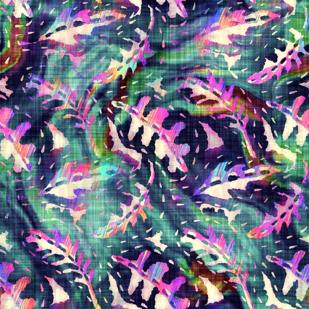 Blurry rainbow glitch artistic foliage texture background. Irregular bleeding watercolor tie dye seamless pattern. Ombre distorted boho leaf all over print. Variegated trendy dipping wet effect. - Photo, Image