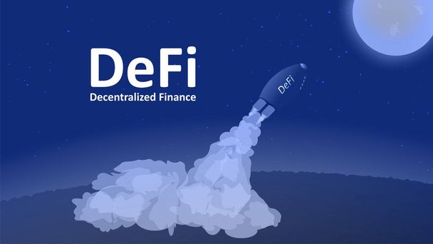 Projetos DeFi voam para a Lua. O sector financeiro descentralizado está a crescer rapidamente. O foguete com a inscrição descola do chão e corre para cima. Vetor EPS10. - Vetor, Imagem