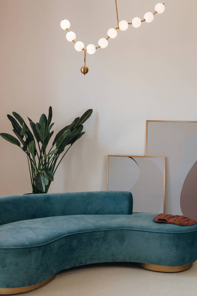 Blue velvet couch in the modern room - Fotoğraf, Görsel
