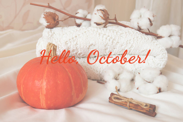 Atmospheric hygge autumn card with inscription Hello, October. Cozy soft autumn background with pumpkin, cinnamon, warm knitted sweater and cotton flower. Light autumn composition. Selective focus - Fotoğraf, Görsel