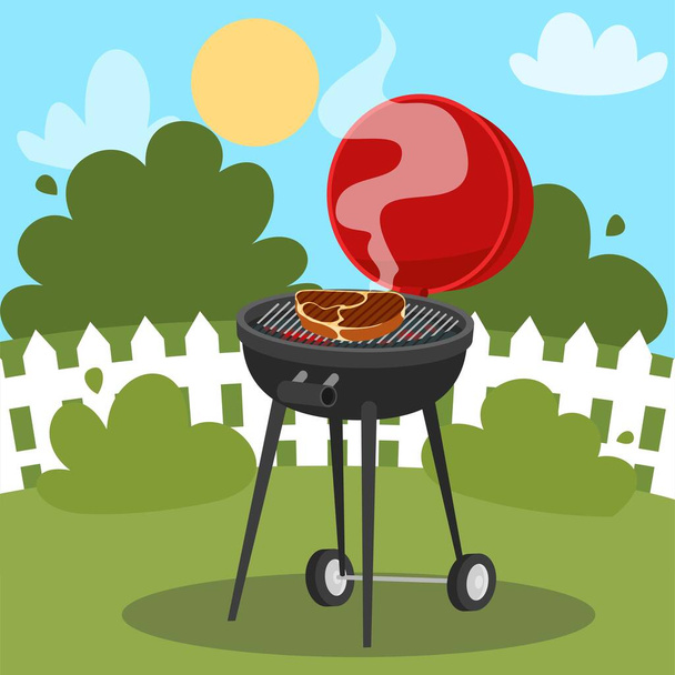 Image of cartoon grill with a juicy piece of meat. Back yard with barbecue with a white fence and bushes. Cartoon illustration - Vector, Image