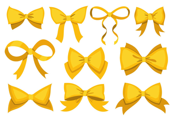 Gold bow set. Cartoon vector yellow luxury design elements of wrap pack. Satin bows with ribbons isolated on white background - Vector, Imagen