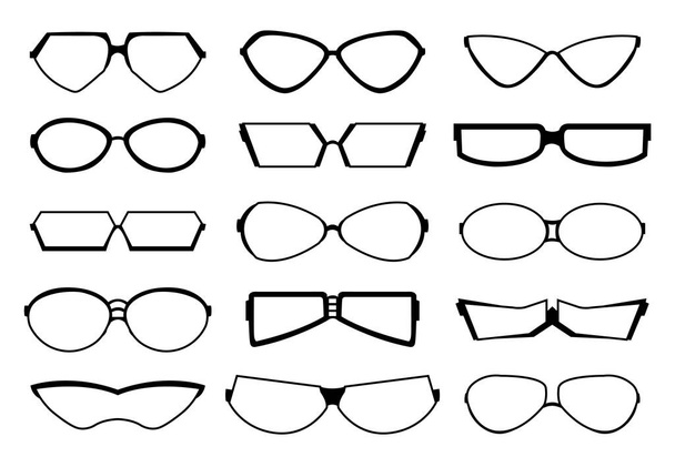 メガネデザインアートシルエット、アイウェア、光学アクセサリー。医学的な古典的な眼セット。現代的なファッショングラスを収集します。様々な形。ベクトルガラスモデルアイコン - ベクター画像