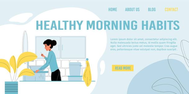 Leszállási oldal az egészséges reggeli szokások népszerűsítése - Vektor, kép