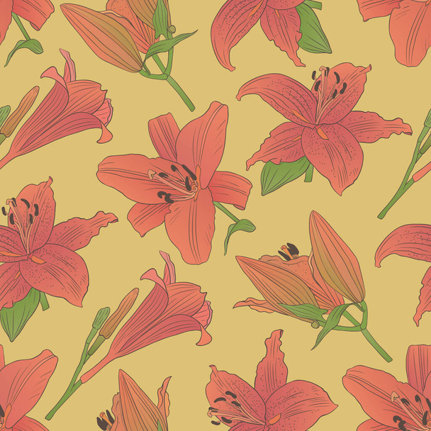 Botanic collection. Vector seamless pattern with lilium flowers on a light background - Vektor, Bild