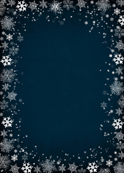 Kék téli háttér hópelyhekkel. Keretezd be a saját alkotásaid másolási helyével. Karácsonyi illusztráció. - Fotó, kép